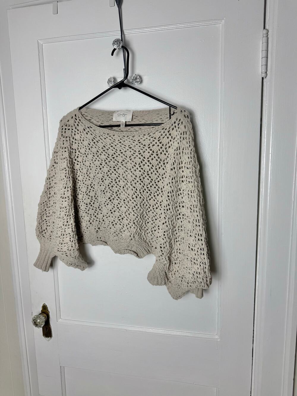 Jessica Simpson Crochet Sweater S Taupe Open Knit Boho Scallop Hem Cottagecore